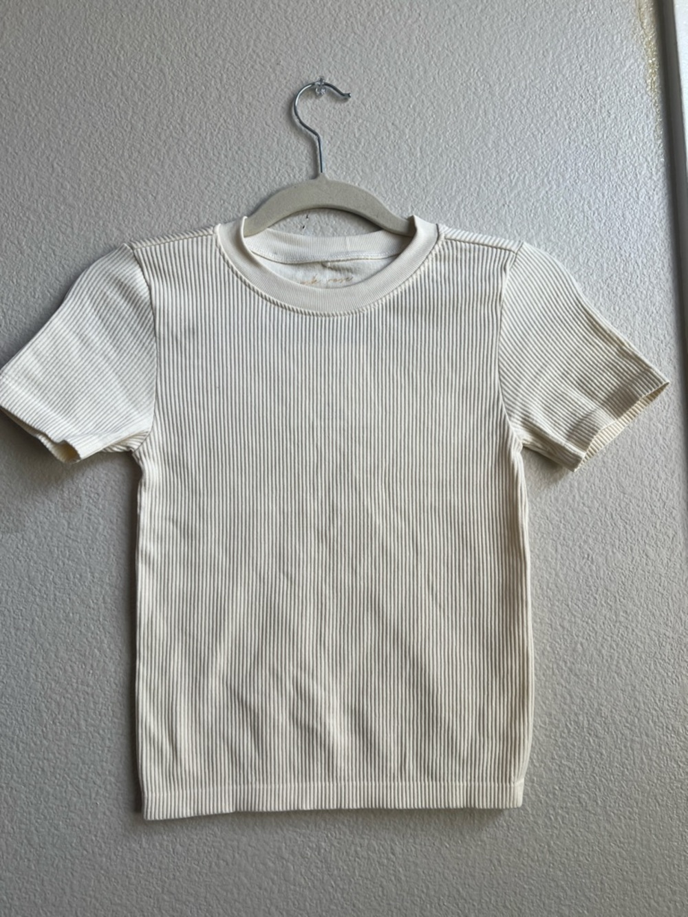Classic Ribbed Crewneck Fitted Top- Cream